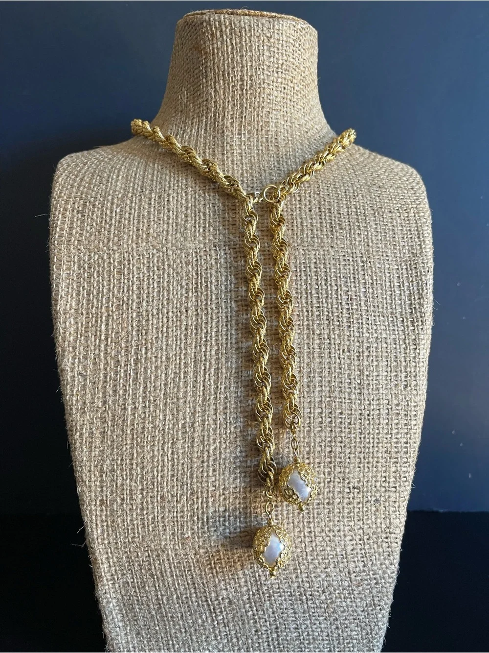 Vintage Gold Rope Lariat Necklace with faux pearl Drops